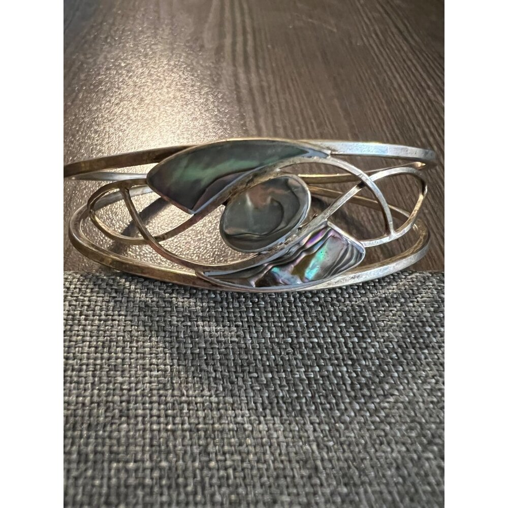 Vintage Silver Tone Abalone Shell Openwork Cuff Bracelet For Women